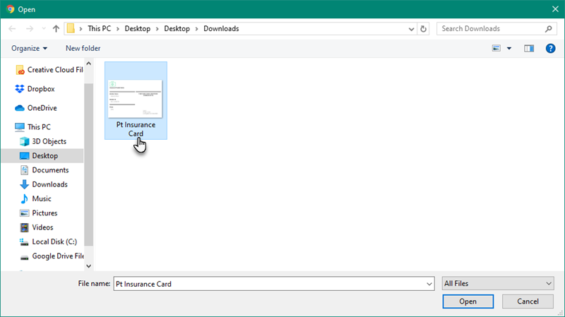 Screenshot for Patient Instructions on Uploading Insurance Card from Portal to Chart