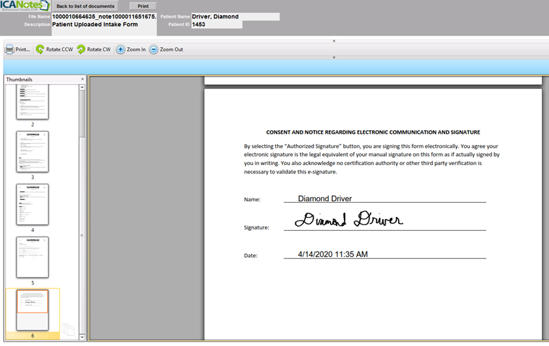 Screenshot for Patient Signature of Treatment Plan or Note via the Portal
