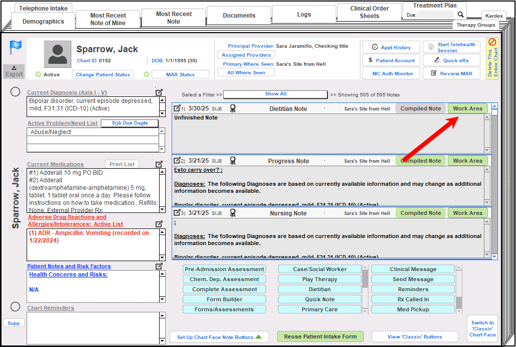 Screenshot for View Previous Notes within Work Areas