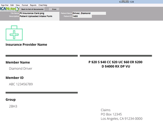 Screenshot for Patient Instructions on Uploading Insurance Card from Portal to Chart