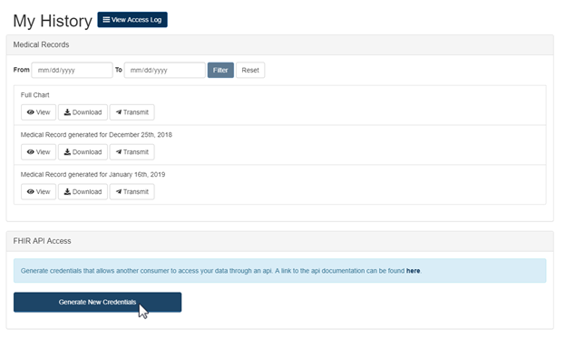 Screenshot for Generating API Credentials from the Patient Portal