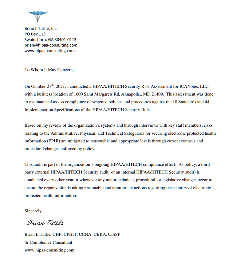 Screenshot for ICANotes & HIPAA