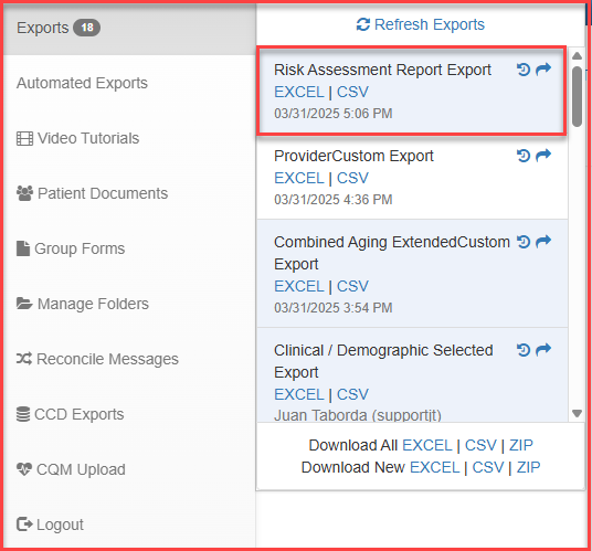 Screenshot for Risk Assessment Report Export