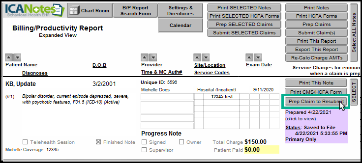 Screenshot for Claim Resubmission Code and Original Reference Number