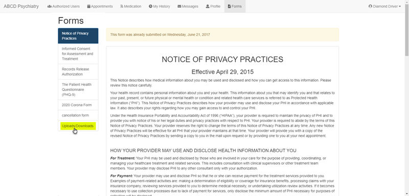 Screenshot for Patient Instructions on Uploading Insurance Card from Portal to Chart