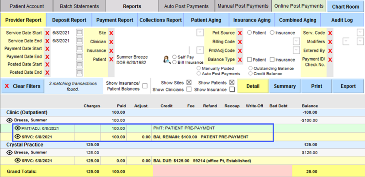Unapplied Pre-Payments now appear in Patient Accounts reports