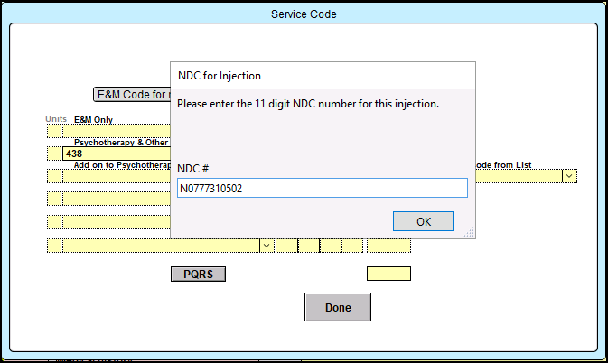 Screenshot for Inserting an NDC Number for Injectable Codes