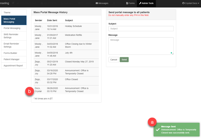 Screenshot for Mass Message to All Patients from the Patient Portal