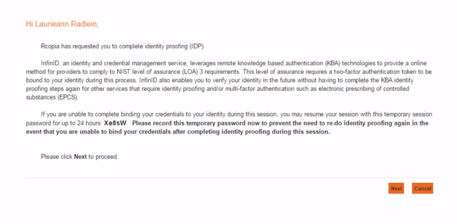 Screenshot for EPCS Onboarding Process