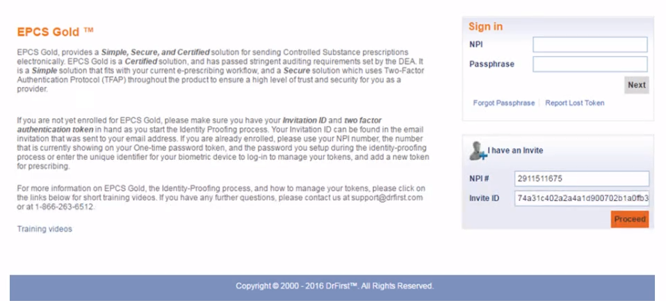 Screenshot for EPCS Onboarding Process